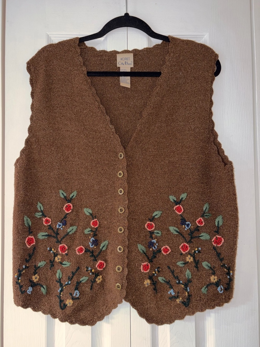 VTG Wool Blend Brown Floral Embroidery Retro Cottagecore Boho Vest Med